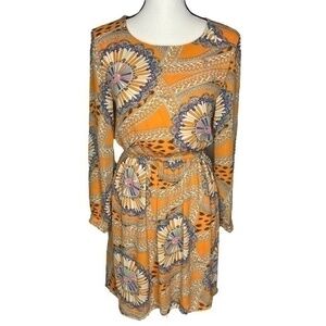 Shikha London Dress Boho Groovy Print‎ Orange Long Sleeve Button Cuffs
